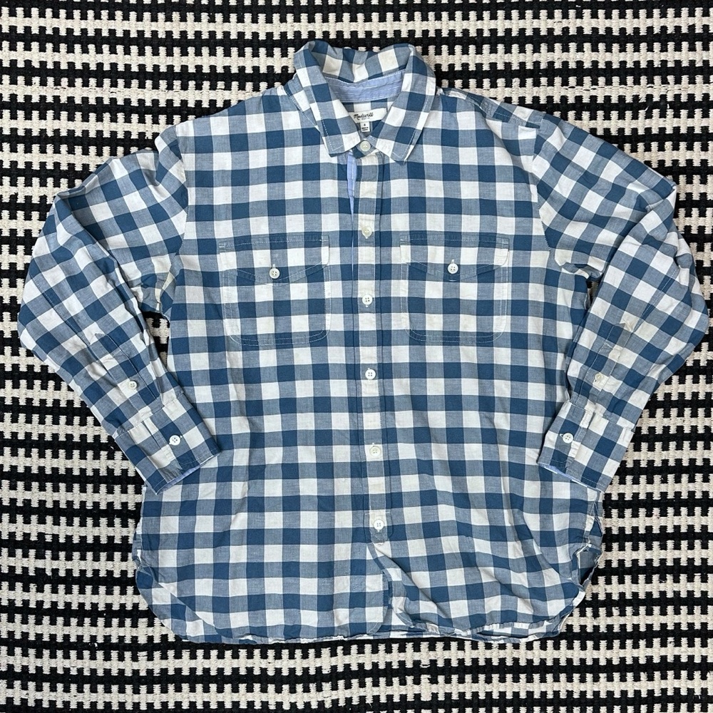 Madewell Gingham Check Button Up Short Sleeved Blouse Small Blue